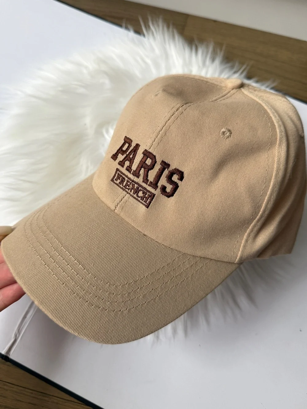 Paris Embroidered Baseball Cap in Beige New